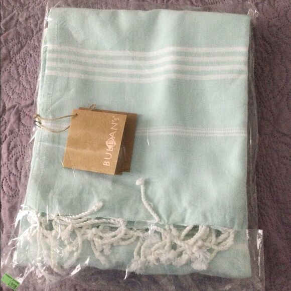 NWT beach blanket aqua, white, fringe - Picture 2 of 8